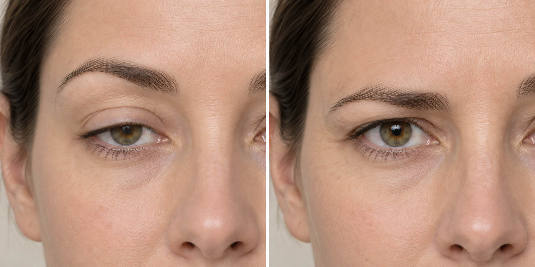 Simulated comparison: lowered upper eyelid on left, lowered eyebrow on right